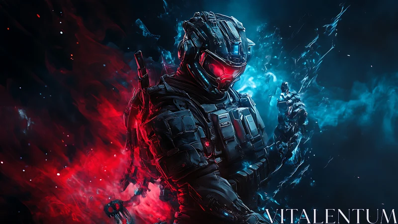 Armored sci fi soldier amid red and blue energy fields.
