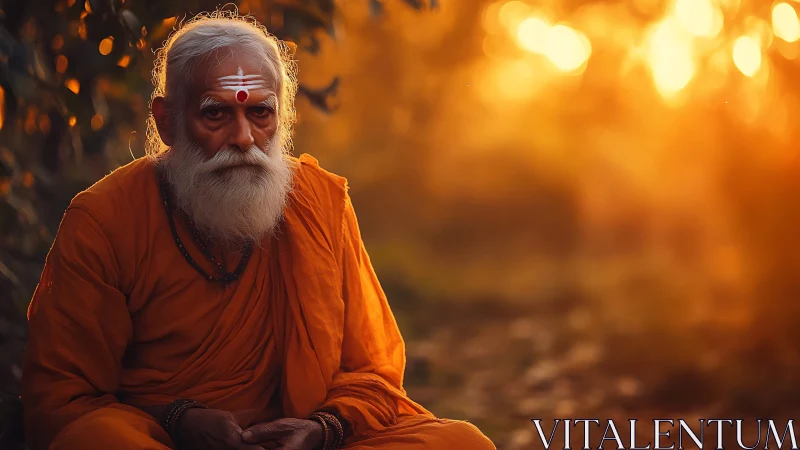 Monastic elder in saffron robes under diffuse golden bokeh light.