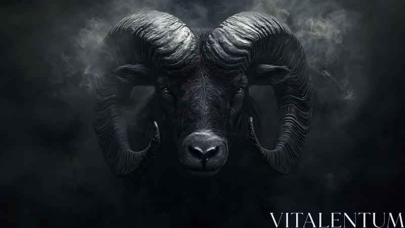 Dark-horned ram emerges from swirling shadowed smoke.