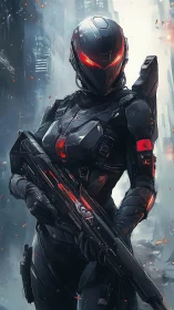Futuristic armored sentinel with glowing red visor stands watch.