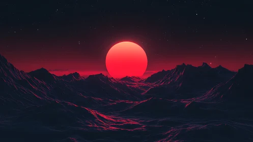Neon horizon sphere over polygonal dark mountain ranges.
