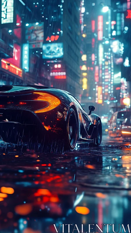 Hypercar rear profile in neon drenched rainy megacity street