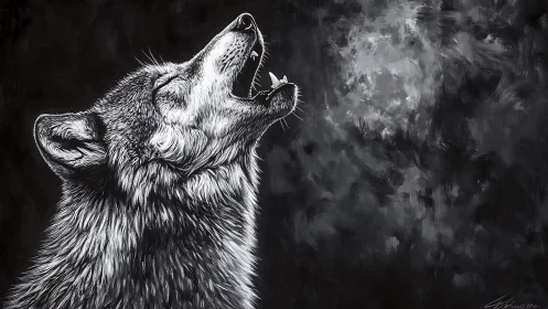 Howling wolf profile in stark monochrome brushwork.