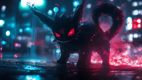 Shadowy red-eyed cat creature in neon urban nightscape.