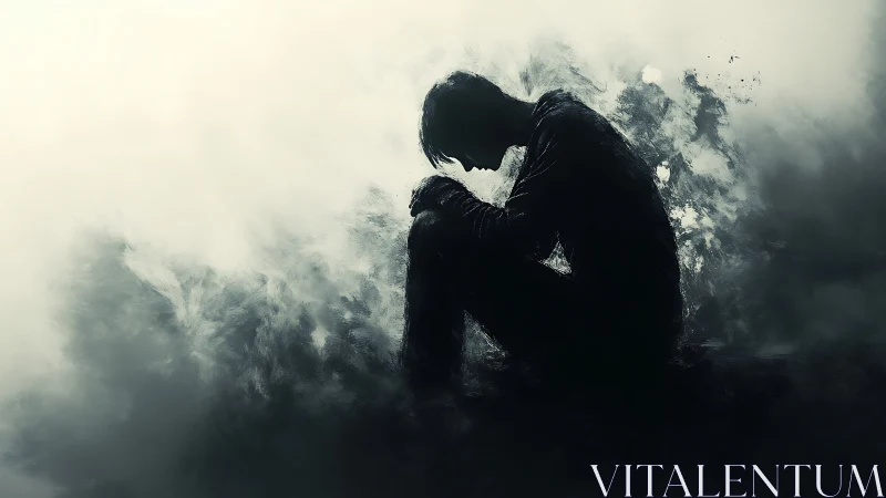 Silhouetted figure sits curled amid dissolving dark smoke