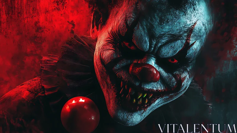 Bloodlit nightmare clown grinning through smoke and shadow.