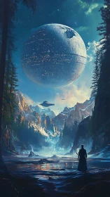 Lone figure watches giant sci fi sphere over icy canyon