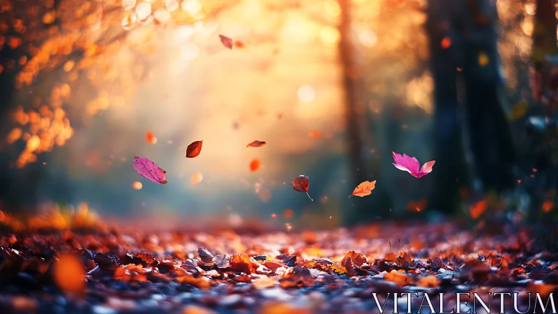 Fallen autumn leaves lie on a forest path as others drift