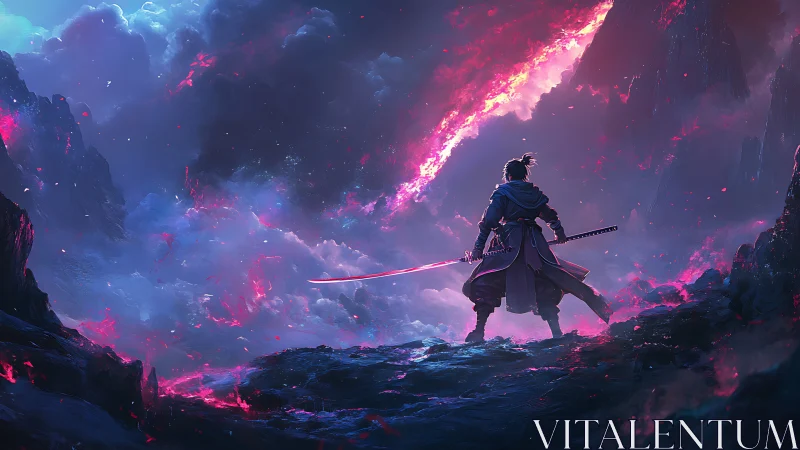Samurai warrior silhouetted in neon storm-lit mountainscape.