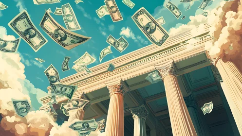Bank facade stands below swirling falling dollar banknotes