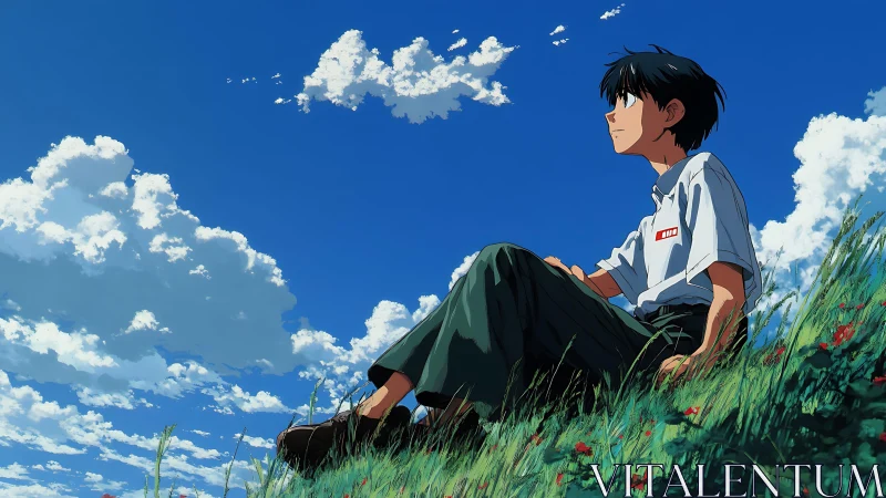 Boy rests on a sunlit hillside, gazing into a vast summer sky