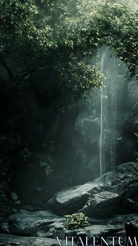 Misty canyon waterfall concealed by cascading jungle canopy