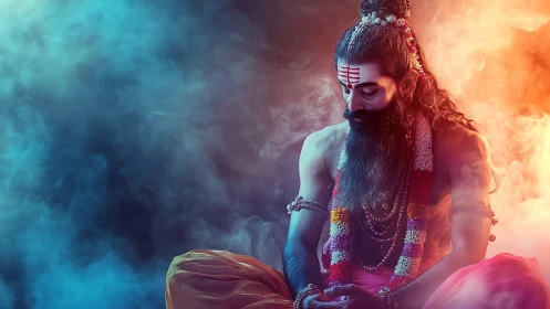 Mystic yogi adrift in blazing blue and ember prayer smoke.