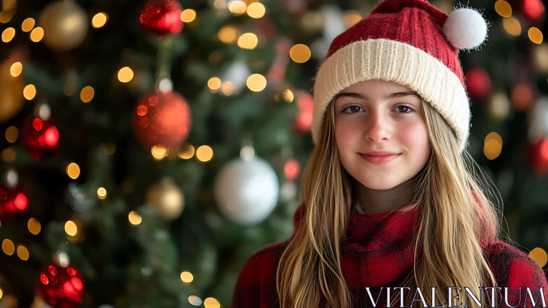 Festive portrait of smiling girl in Santa hat before bokeh tree