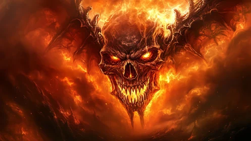 Infernal flaming demon skull emerging from molten abyss.