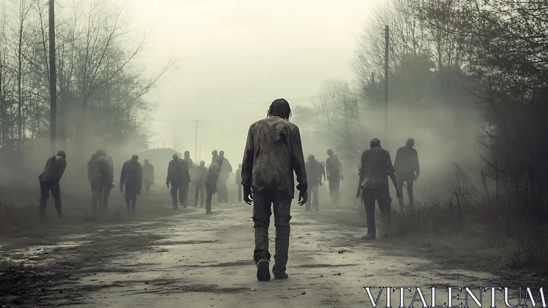 Fogwalkers drift down a dead road in eerie gray silence.