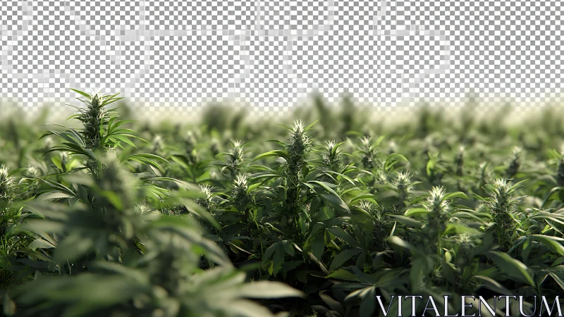 Dense cannabis field with semi-transparent checkered sky.