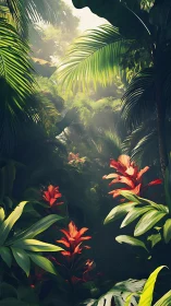 Radiant bromeliads under volumetric rainforest skylight.