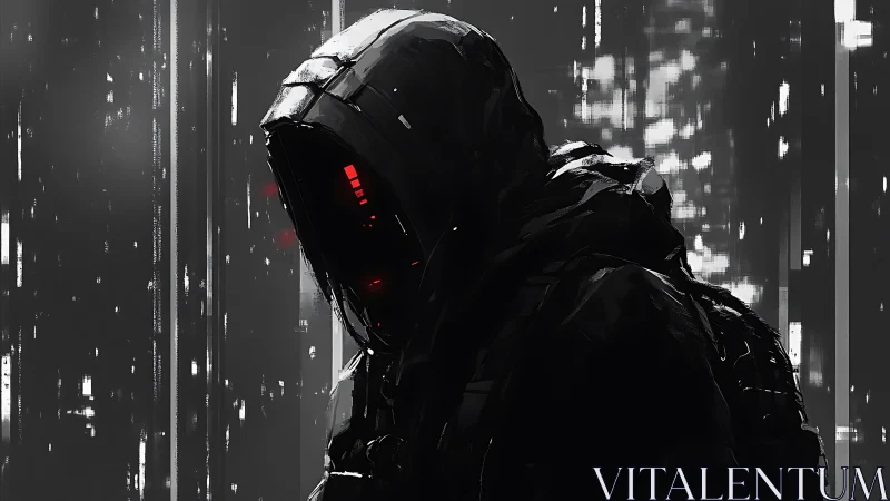 Cybernetic hooded sentinel in monochrome rain-soaked city.