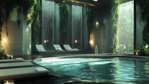 Lush indoor spa pool with cascading waterfalls and loungers.