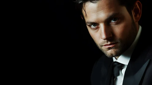 Low-key male portrait isolates intense gaze in deep chiaroscuro
