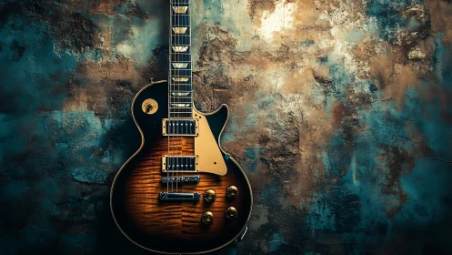 Sunburst electric guitar hangs against textured painted wall