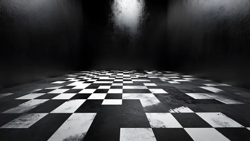 Dark room interior with worn black and white checkered floor.