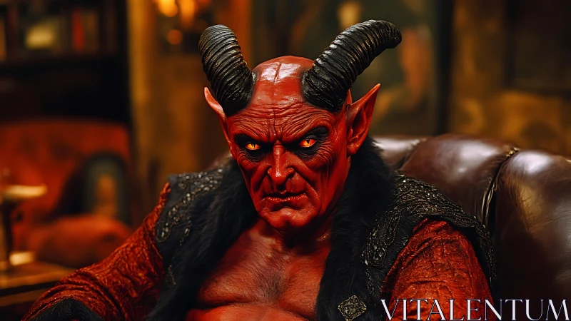 Horned demon lounges in a cozy, firelit fantasy den.