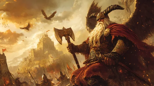 Winged warrior king watching over a blazing golden battlefield.