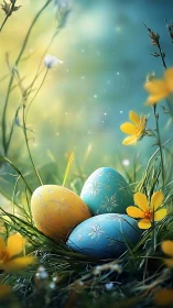 Decorative Easter eggs rest in sunlit spring meadow grass