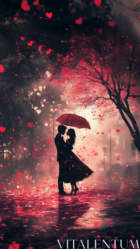 Romantic couple embracing under red umbrella in magical night
