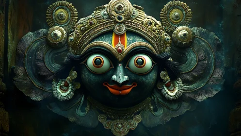 Ornate deity mask with wide eyes dominates dark background