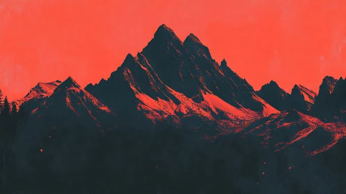 Crimson sky surrounds jagged mountain range in stark contrast