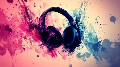 Headphones float in vivid splashes of pink and blue sound