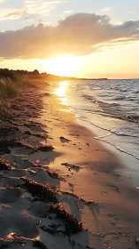 Sunlit shoreline with warm sunset reflections on sand.