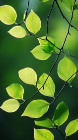 Sunlit green leaves on slender dark branches in focus.