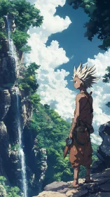 Anime explorer surveys sunlit canyon waterfall in high detail