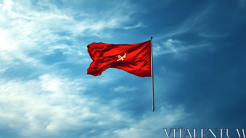 Red communist flag waves dynamically against deep blue sky.