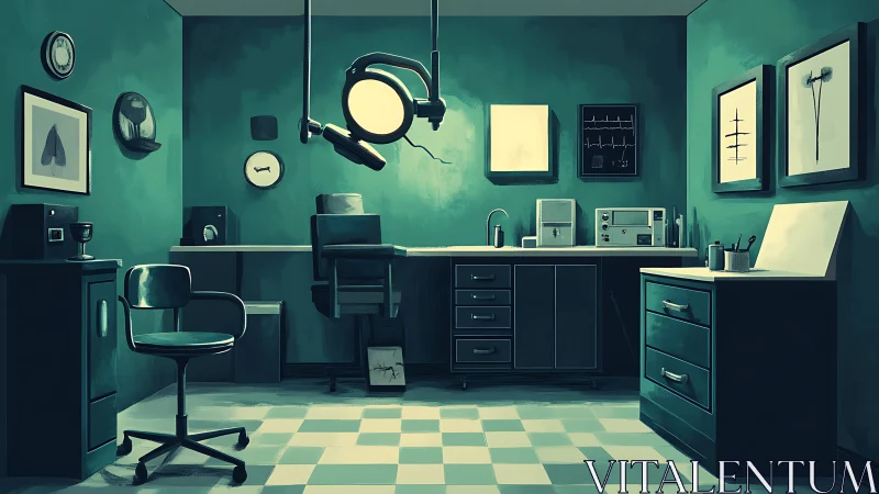 Cozy retro medical office glowing in gentle teal light.