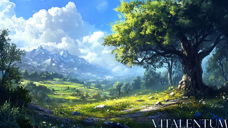 Sunlit valley landscape with lone tree and distant mountains.