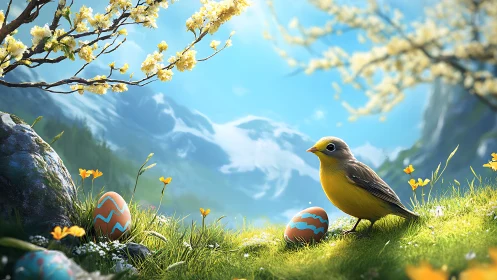 Yellow songbird and painted eggs on bright spring meadow.