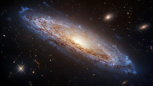 Edge-on barred spiral galaxy with glowing stellar core in deep space