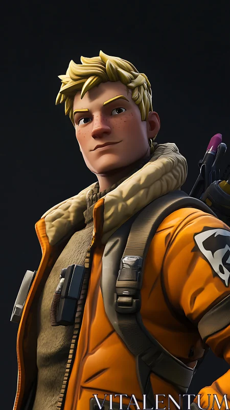 Blond game hero in rugged orange jacket stares down danger.