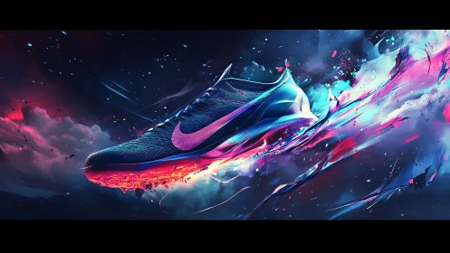 Nebula sprint shoe blazing through electric cosmic trails.