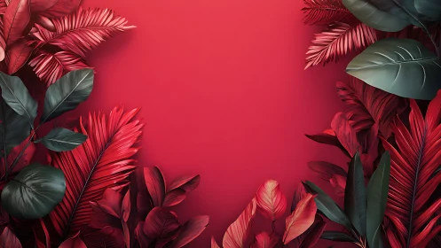 High-contrast tropical foliage frames smooth red gradient void