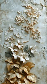 Stucco blossoms climb quietly across a weathered wall