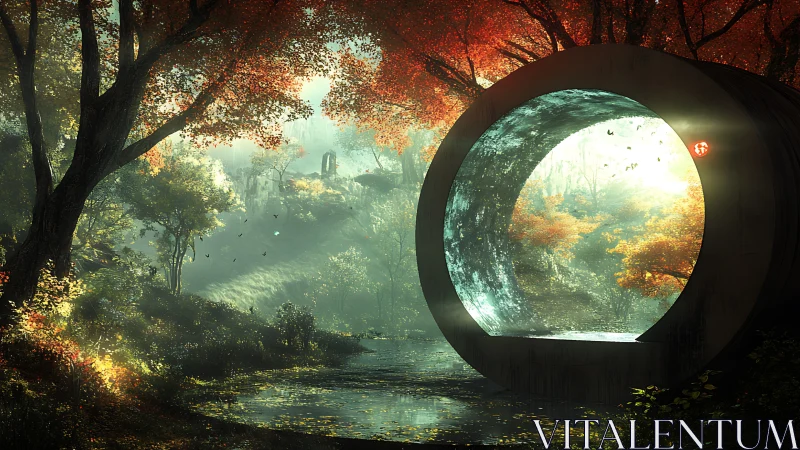 Cylindrical portal structure in sunlit autumn forest stream