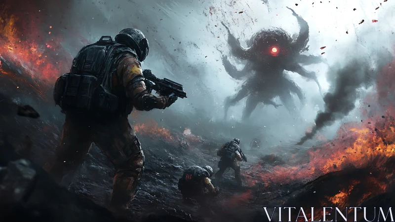 Armored soldiers confront colossal red‑eyed alien horror.