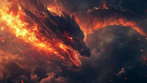 Infernal dragon lunges through storm-darkened volcanic skies