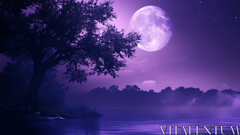 Lunar-lit lacustrine silhouette under violet spectral sky.
